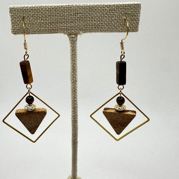 NWOT Geometric shape Tigers Eye and Picture Jasper stone dangle earrings in 925! - Picture 8 of 11